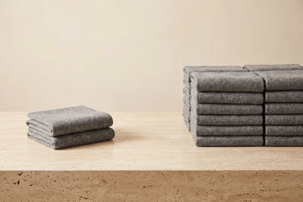 Two folded grey wool scarves on travertine beside four tall stacks of identical folded grey scarves