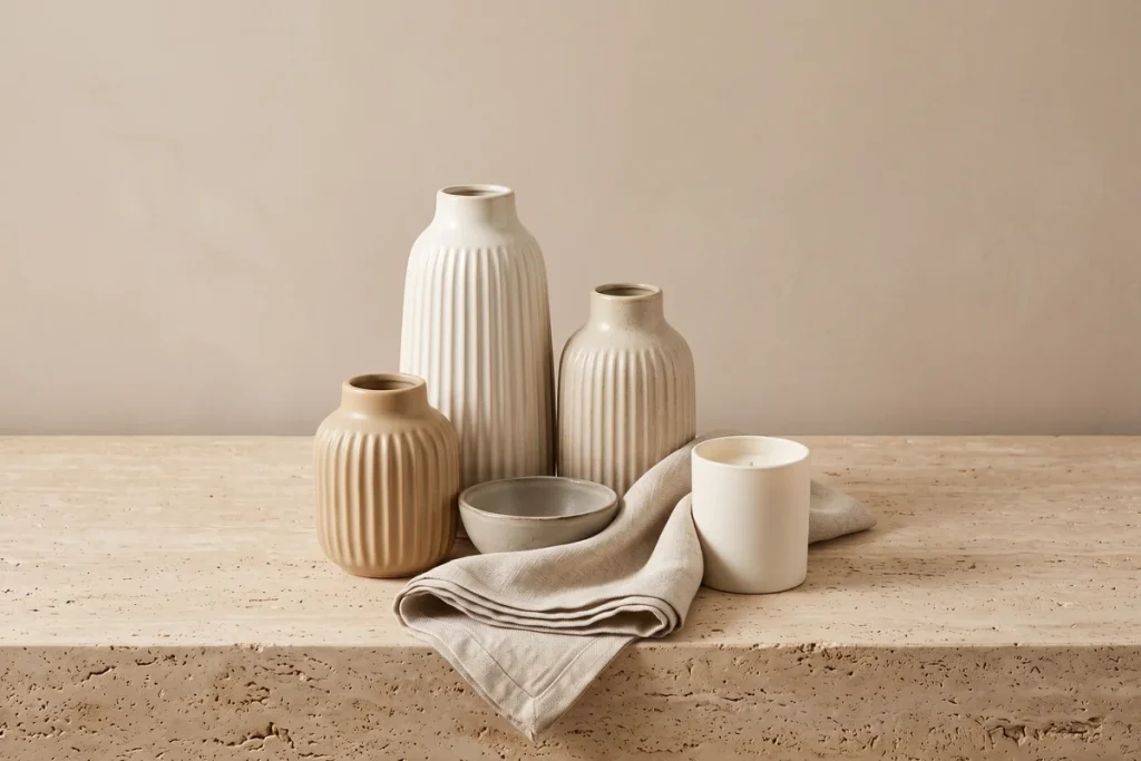 Three ribbed ceramic vases in cream and sand with a stoneware bowl, a folded linen napkin and a white candle grouped on travertine