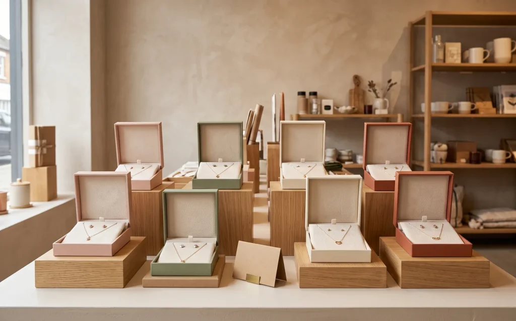 Open jewelry gift boxes in blush, sage, cream and terracotta displayed on wooden risers on a boutique gift table