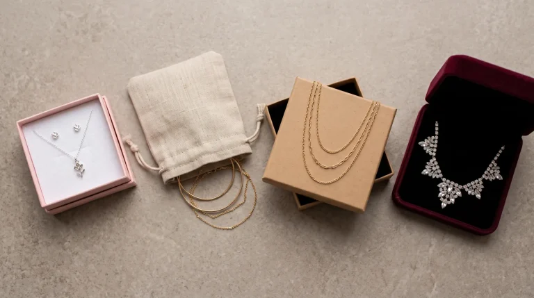 Four jewelry gift sets arranged by season, from pastel spring packaging to a burgundy velvet winter box