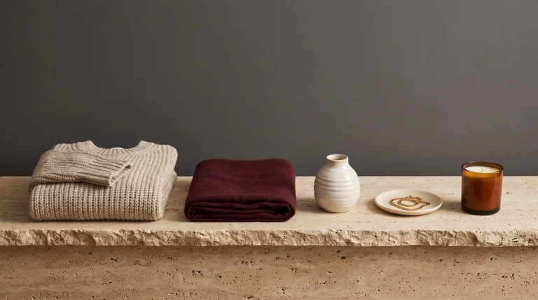 An oatmeal knit sweater, a burgundy scarf, a cream ceramic vase, a gold chain necklace and an amber candle in a row on travertine