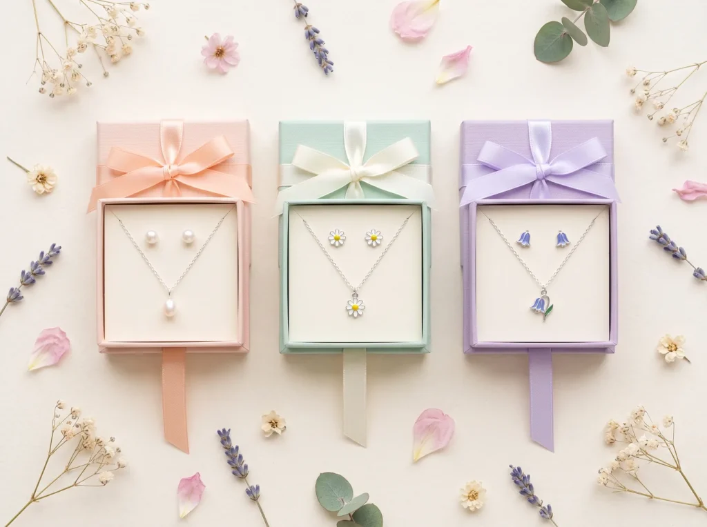Three spring jewelry gift sets with sterling silver pendants and floral stud earrings in pastel ribboned boxes