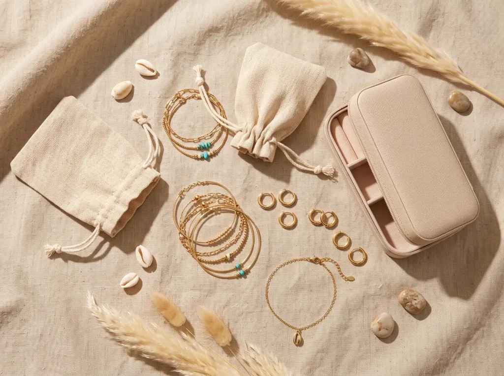 Gold bracelet stacks, shell huggie hoops and an anklet beside linen travel pouches and a jewelry case