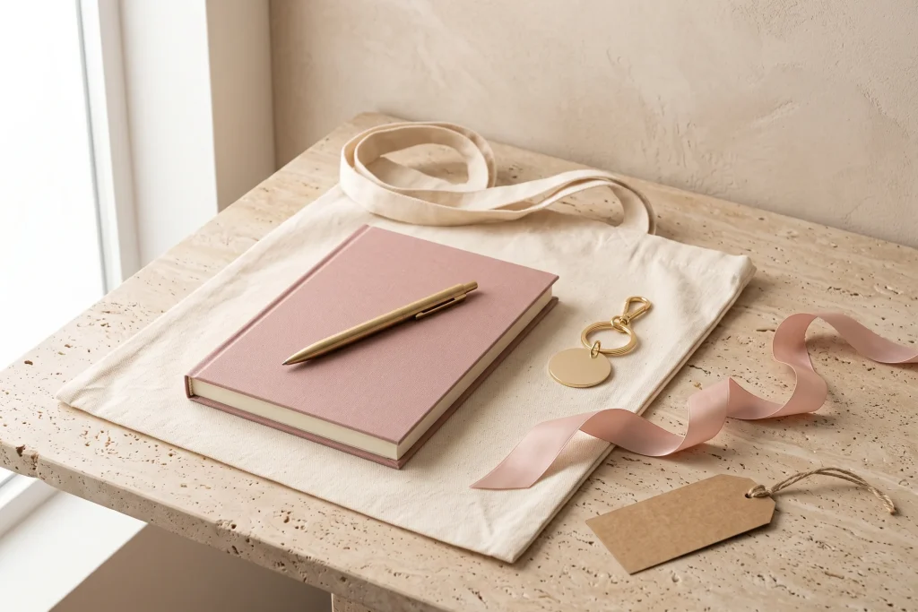 A blank cotton tote with a dusty rose notebook, gold pen, plain disc keychain, blush ribbon and a kraft gift tag