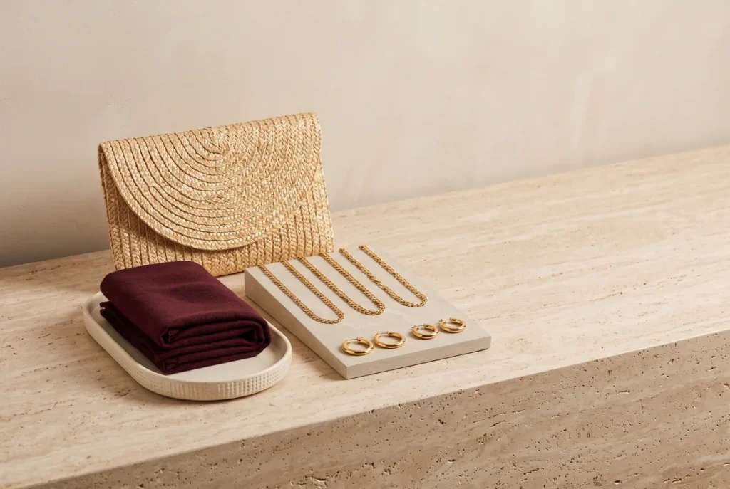 A straw clutch, a folded burgundy scarf in a cream tray and gold chains and hoops on a display riser on travertine