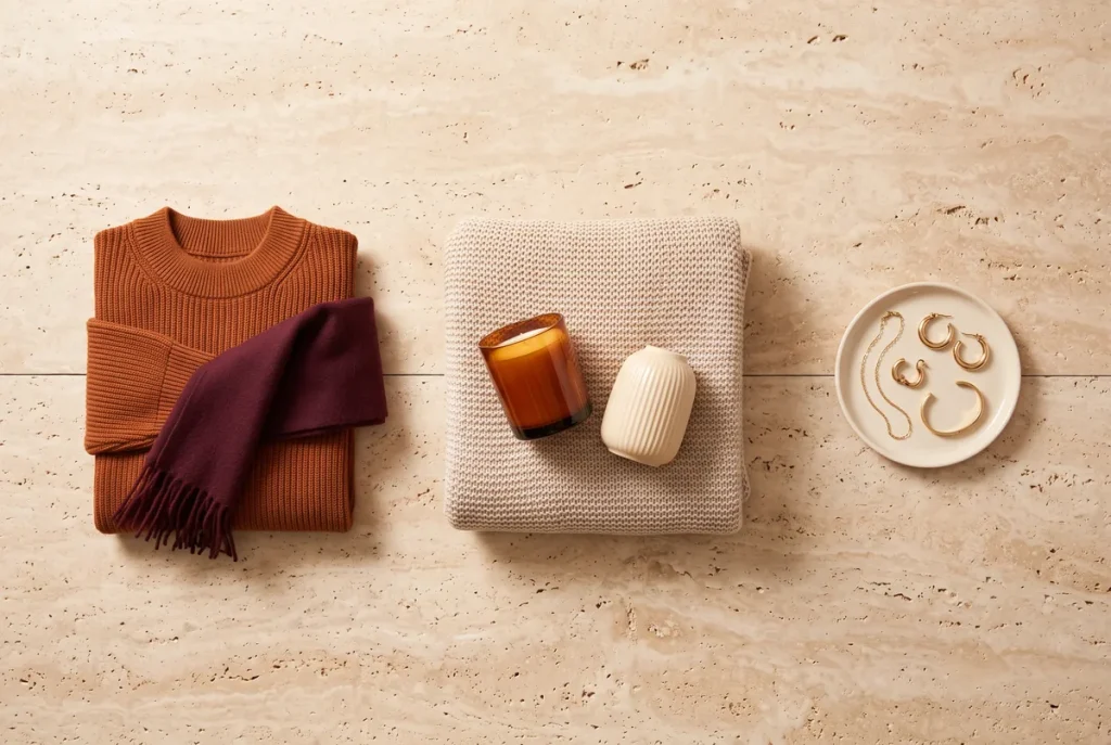 An overhead view of a rust sweater and burgundy scarf, a cream knit throw with an amber candle and vase, and gold jewelry on a dish