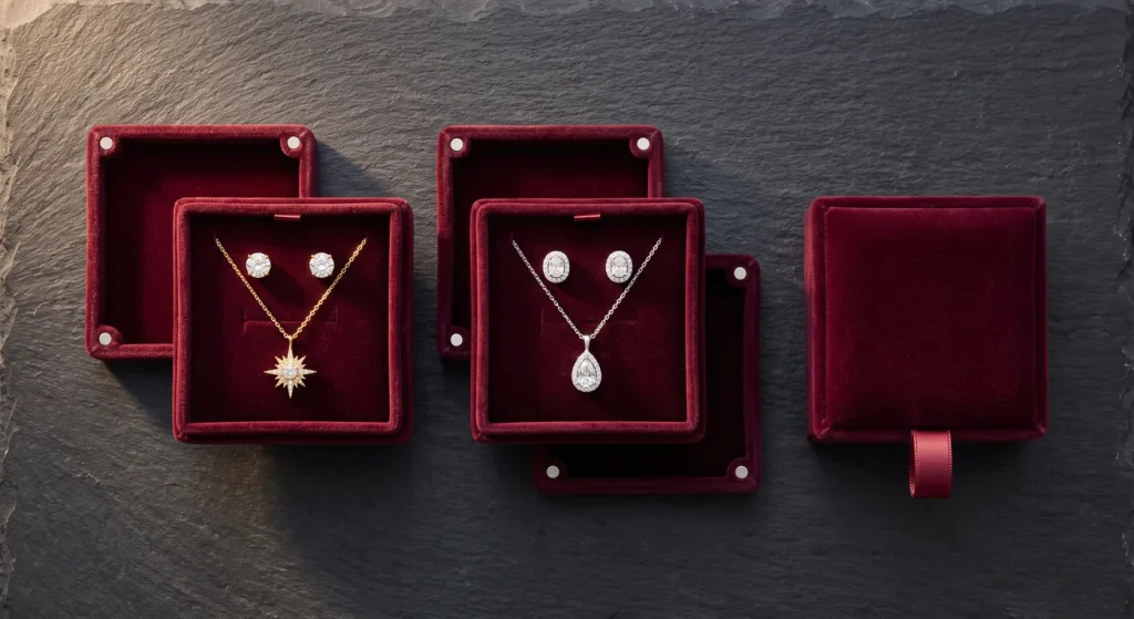 Crystal necklace and stud earring sets in open burgundy velvet boxes with magnetic closures