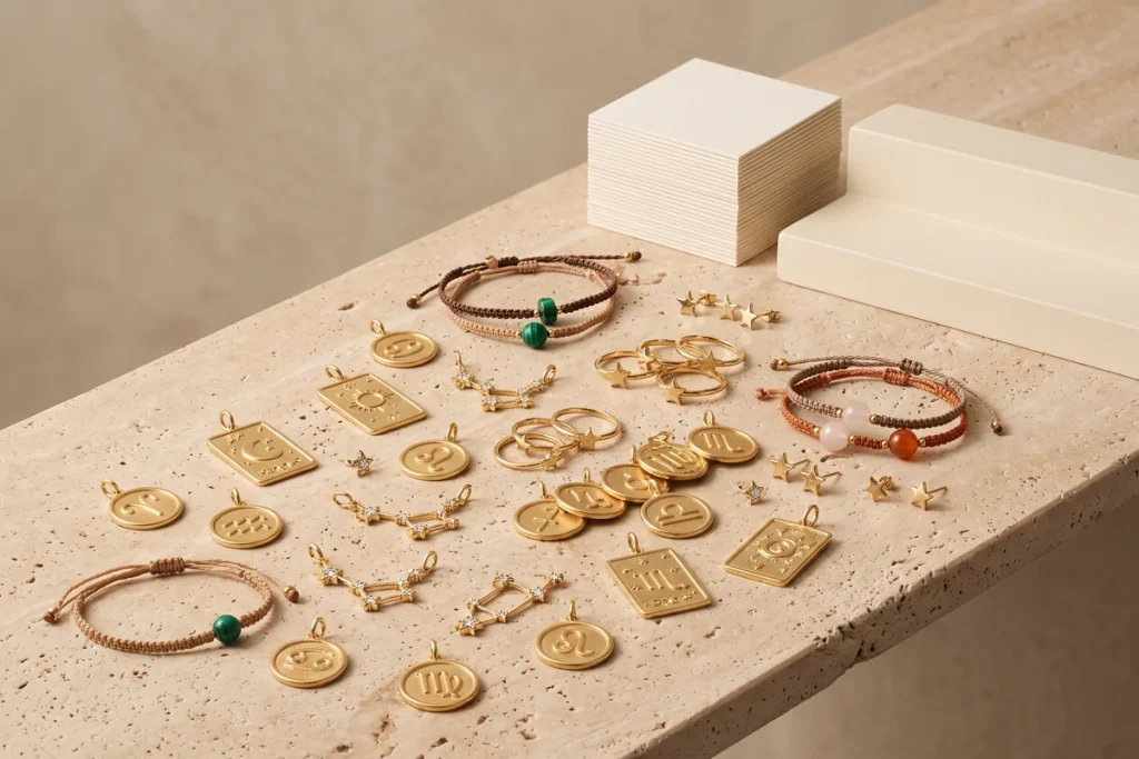 Zodiac coin and tarot pendants, constellation charms, star rings, star earrings and stone cord bracelets spread across a travertine table beside blank display cards and a cream riser
