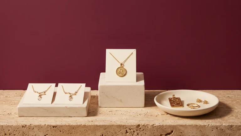 Gold constellation necklaces and a Leo coin pendant on cream cards and stone risers, with a tarot pendant, star ring and star earrings in a dish, against a burgundy wall