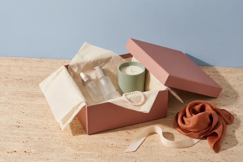 A dusty rose gift box holding frosted skincare bottles, a sage candle and a pearl bracelet, with a terracotta silk scarf beside it, against a powder blue wall