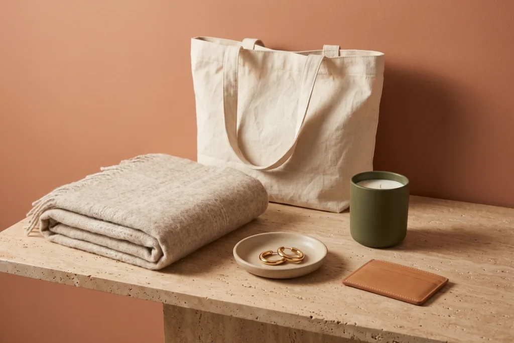 A cream linen tote, folded wool throw, gold hoops on a stoneware dish, an olive candle and a tan leather card holder on stone against a terracotta wall