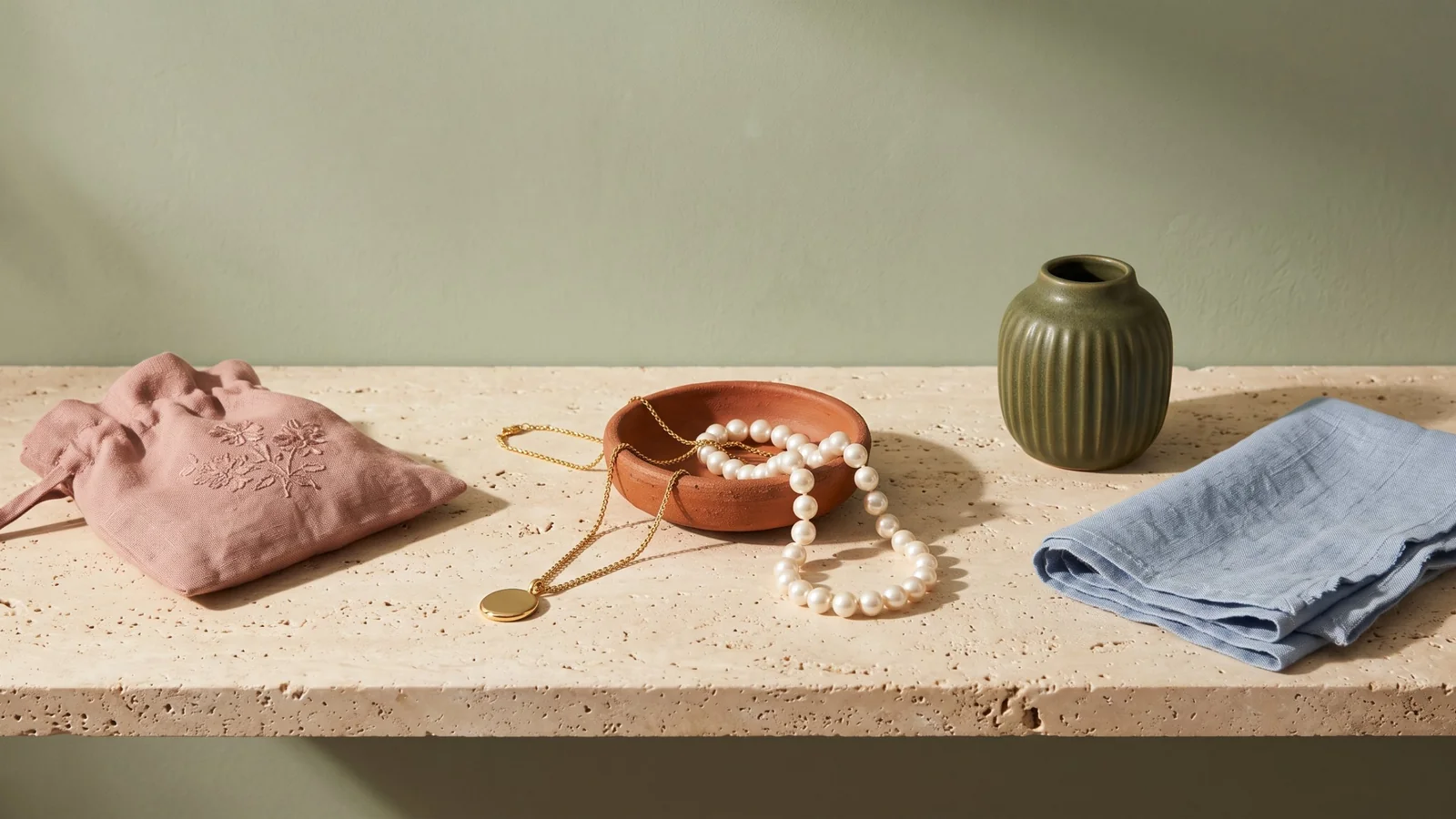 A long gold necklace and pearl strand on a terracotta dish, an embroidered rose pouch, a mossy green vase and a powder blue napkin on stone against a sage wall