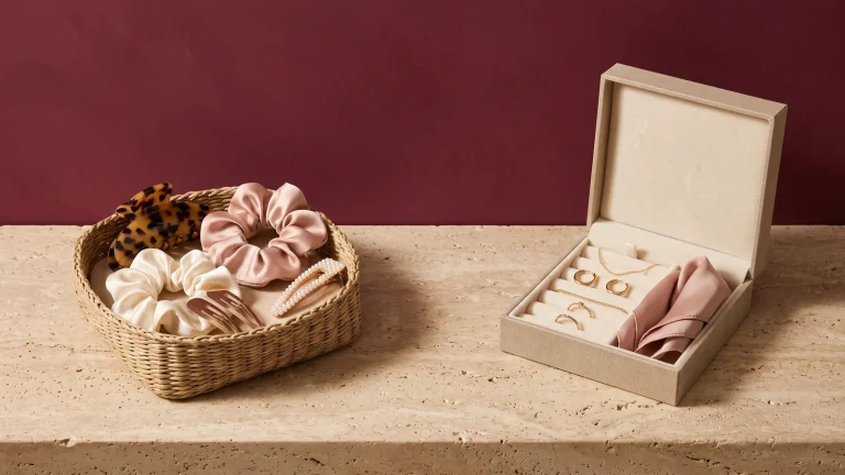 A woven basket holding a tortoiseshell claw clip, blush and cream satin scrunchies, a gold comb and a pearl barrette beside an open jewelry box with gold hoops, chains, rings and a blush scarf, on travertine against a burgundy wall