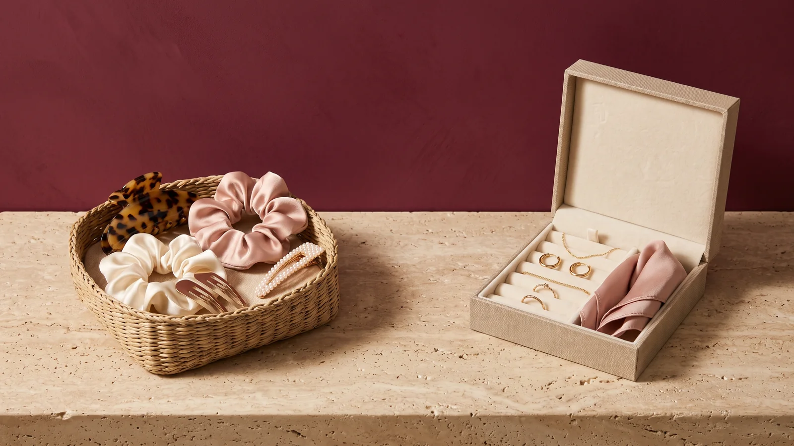 A woven basket holding a tortoiseshell claw clip, blush and cream satin scrunchies, a gold comb and a pearl barrette beside an open jewelry box with gold hoops, chains, rings and a blush scarf, on travertine against a burgundy wall