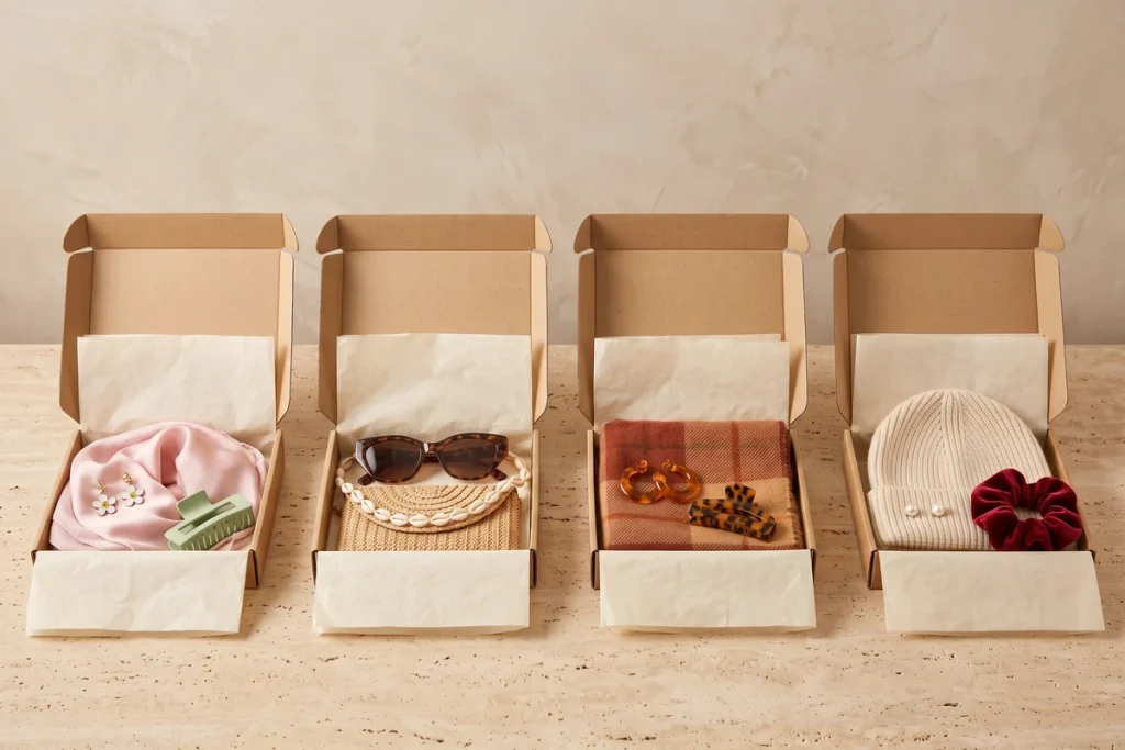 Four open kraft gift boxes on travertine holding seasonal accessory sets: a pink scarf with daisy earrings and a green claw clip, sunglasses with a shell necklace and raffia pouch, a rust plaid scarf with amber hoops and a tortoiseshell clip, and a cream beanie with pearl studs and a red velvet scrunchie
