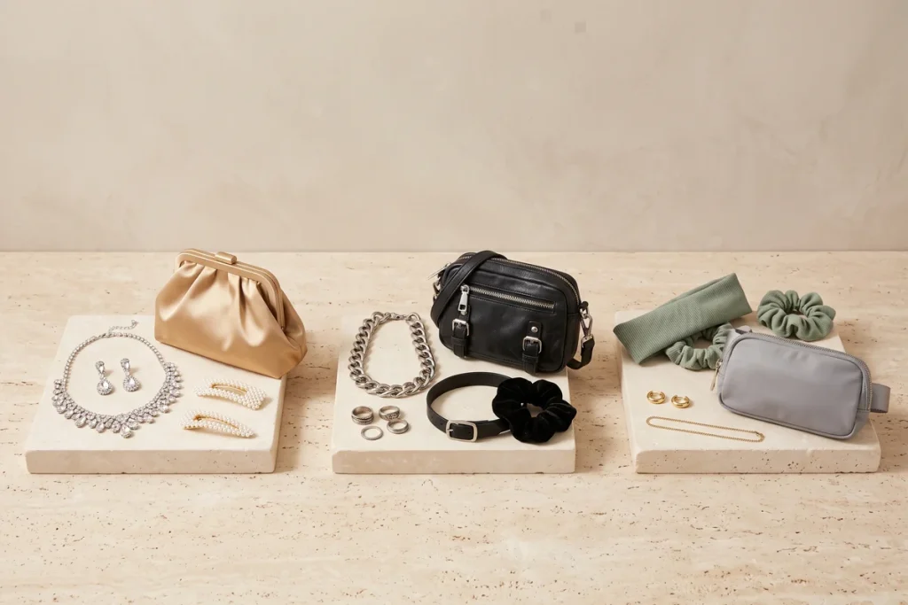 Three accessory bundles on stone slabs: a crystal necklace and earrings with pearl barrettes and a gold satin clutch, a silver chain and rings with a black choker, scrunchie and crossbody bag, and a sage headband and scrunchies with gold hoops and a grey belt bag