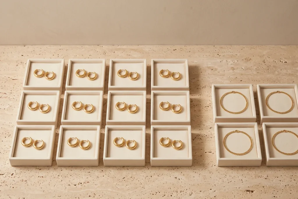 A grid of twelve cream trays each holding a matching pair of gold hoop earrings, beside four trays of matching gold chain bracelets, on travertine