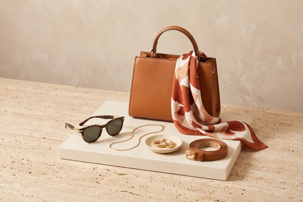 A tan leather handbag with a rust and cream silk scarf, tortoiseshell sunglasses, a gold chain necklace, gold hoop earrings in a dish and a coiled tan belt grouped on a cream stone slab
