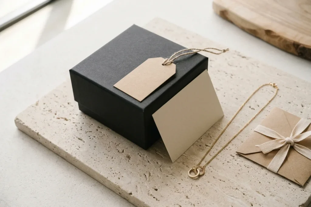 A black branded gift box with a blank kraft tag, propped beside a blank card, a gold pendant necklace, and a ribbon-tied kraft envelope