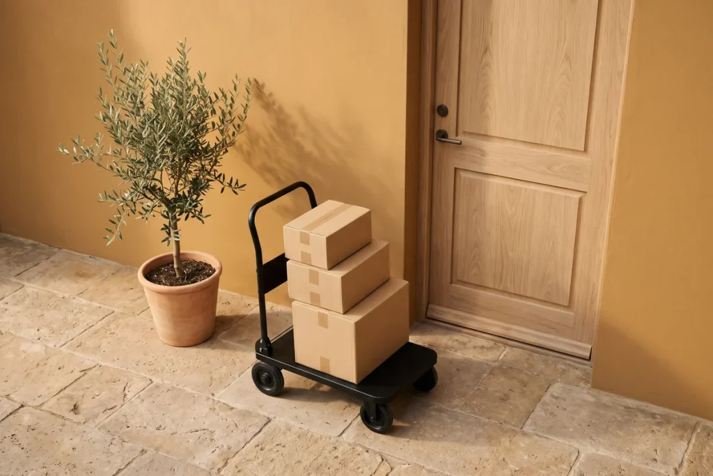 Three sealed kraft cartons on a black cart beside a closed oak door and a potted olive tree against an ochre wall