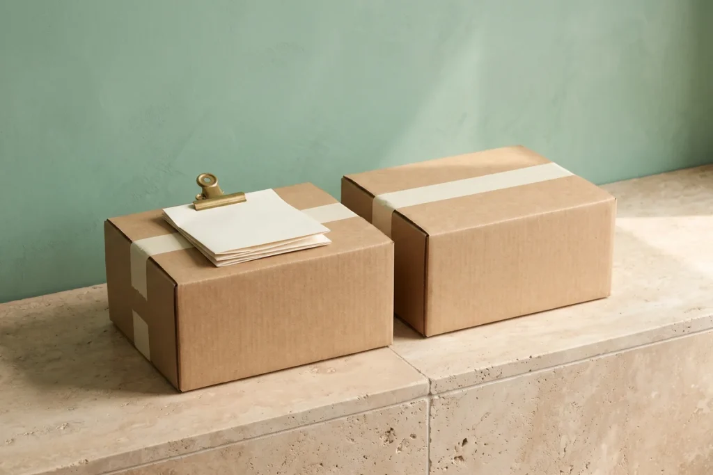 Two identical sealed kraft cartons side by side, one topped with blank folded documents under a brass clip, against a jade green wall