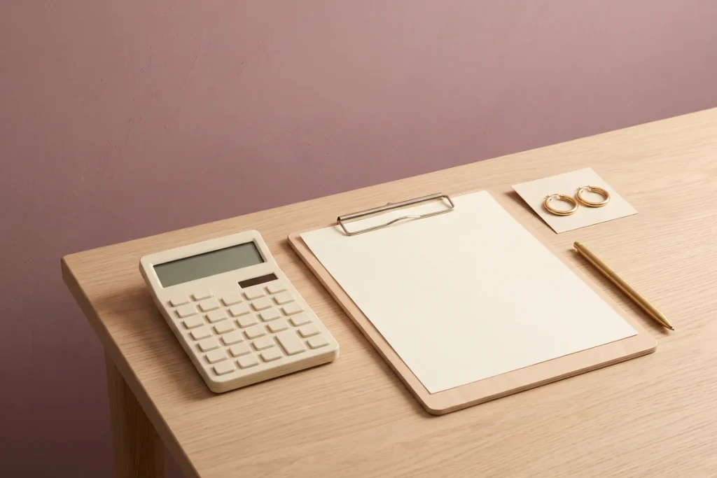 A cream calculator, a blank sheet on a clipboard, a brass pen and gold hoop earrings on an oak desk against a mauve wall