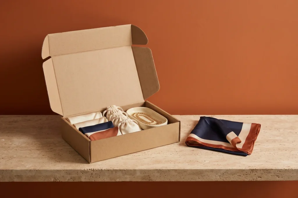 An open kraft carton packed with folded silk scarves, cream pouches and gold chains, with one scarf laid beside it against a rust orange wall