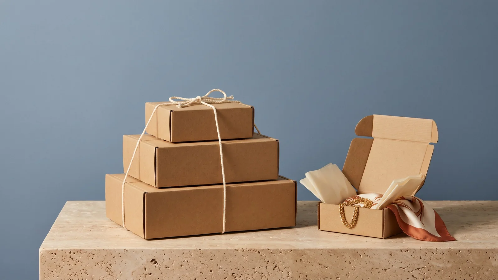 A stack of sealed kraft boxes tied with twine beside an open box holding a gold chain and a silk scarf, on a stone ledge against a steel blue wall