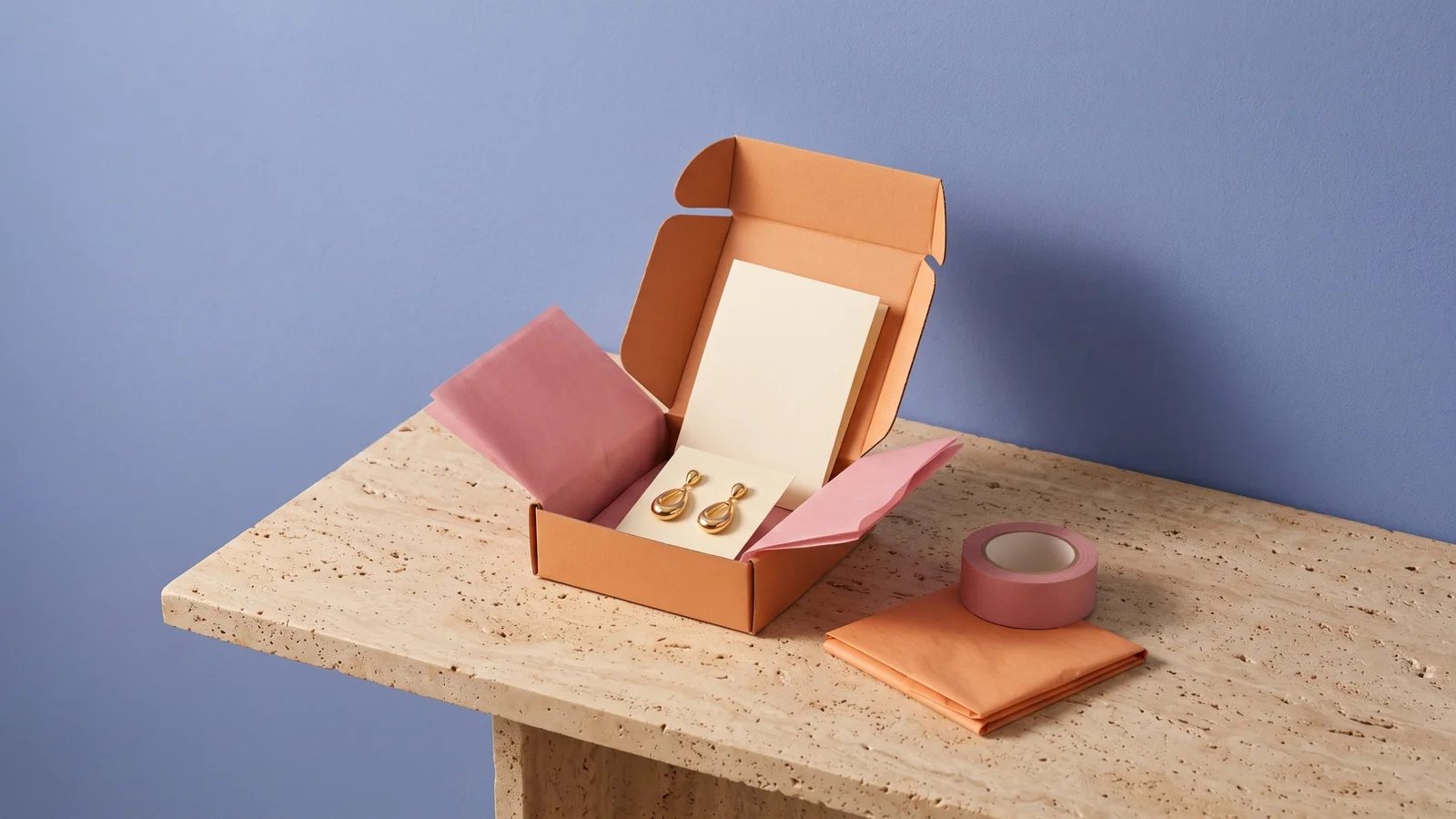 An apricot mailer box open on a stone ledge, gold drop earrings on a cream card inside with rose pink tissue, beside a roll of rose tape and folded apricot paper, against a periwinkle blue wall