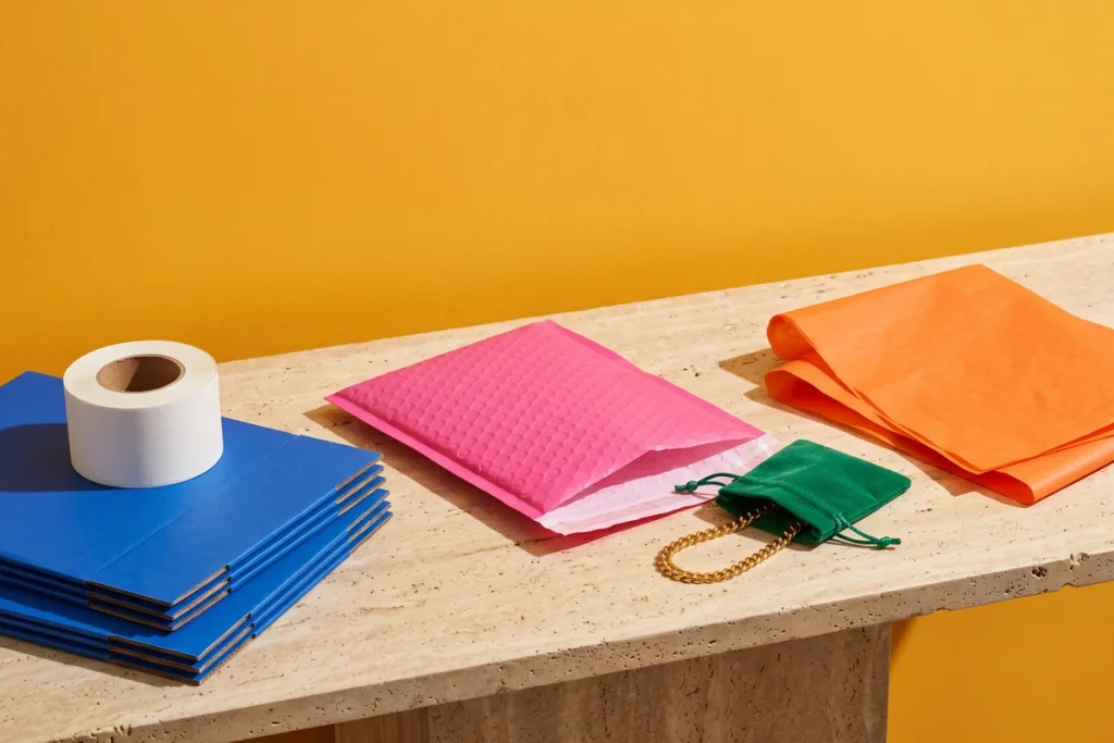 A stack of flat blue mailers with a roll of white tape, a pink padded mailer, a green velvet pouch with a gold chain bracelet, and folded orange tissue on a stone surface against a yellow wall