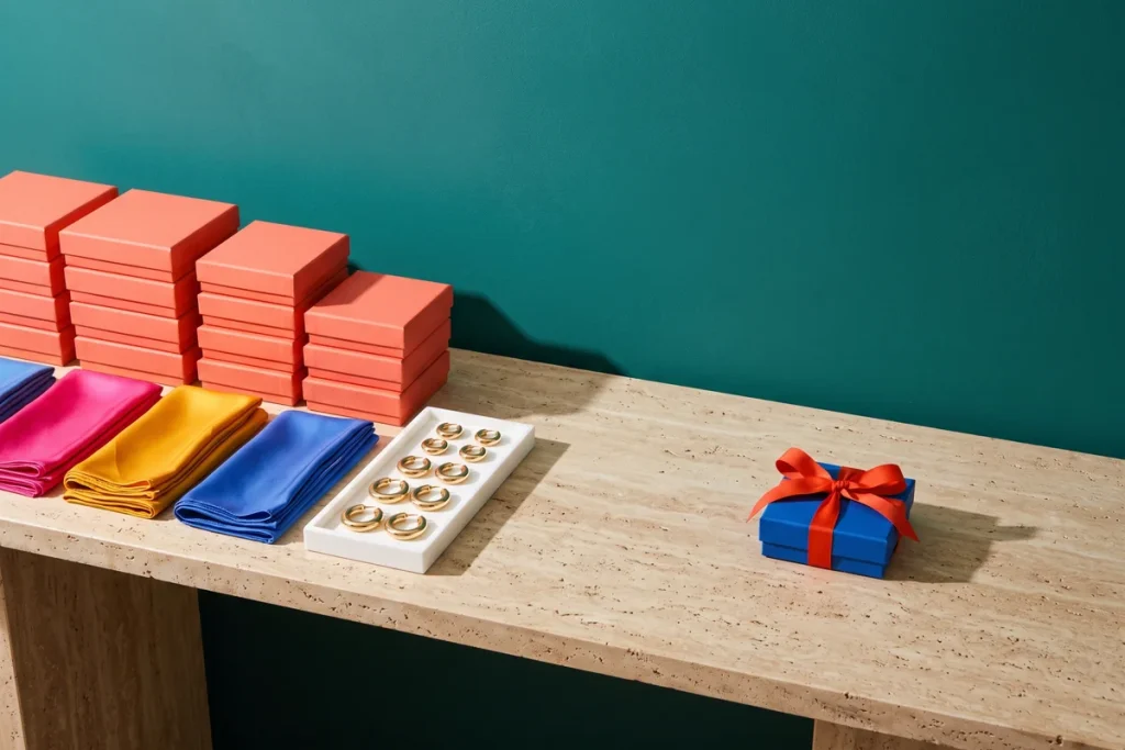 Stacks of coral boxes, folded silk scarves in pink, yellow and blue, and a white tray of gold hoop earrings, beside a single blue box tied with an orange-red ribbon on a stone console against a teal wall