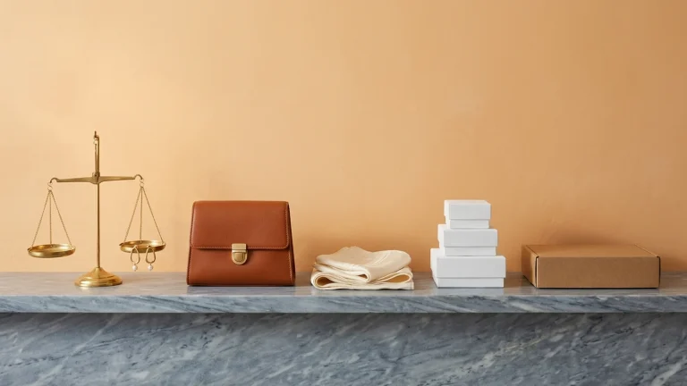 A brass balance scale with pearl drop earrings hanging from one pan beside a cognac leather mini bag, a folded cream silk scarf, stacked white boxes and a kraft mailer on a blue-grey marble ledge against an apricot wall