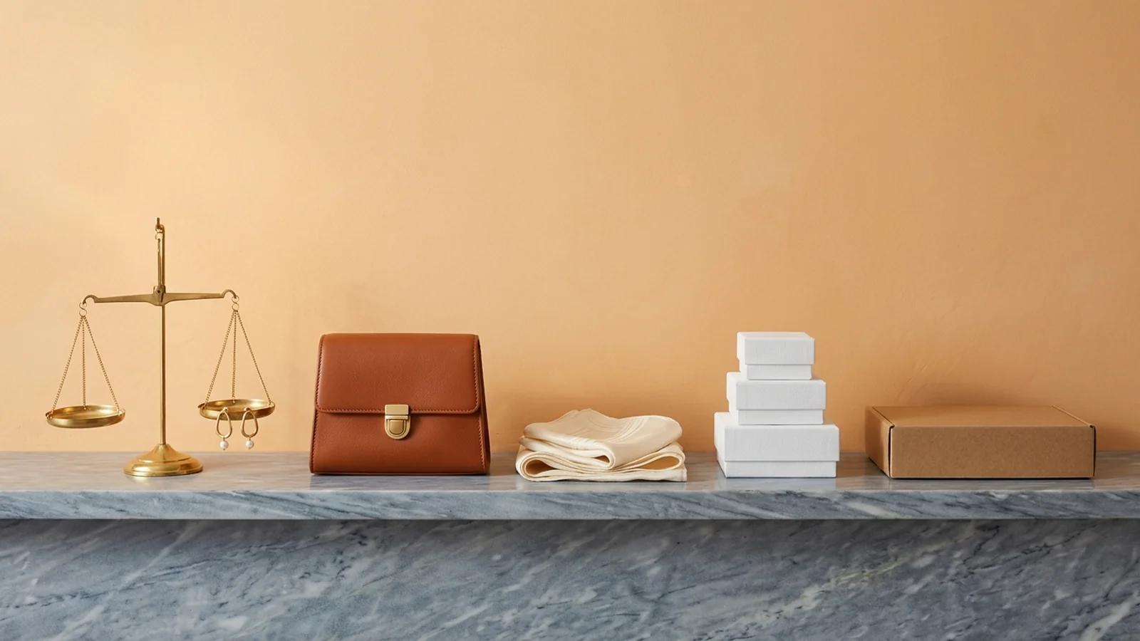 A brass balance scale with pearl drop earrings hanging from one pan beside a cognac leather mini bag, a folded cream silk scarf, stacked white boxes and a kraft mailer on a blue-grey marble ledge against an apricot wall