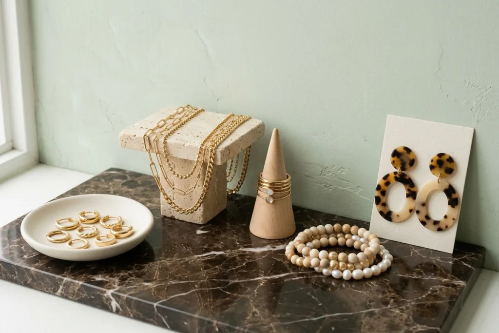 Gold hoop earrings in a ceramic dish, layered gold chains on a travertine riser, stacked rings on a wooden ring cone, cream and pearl beaded bracelets and tortoiseshell resin earrings on a card, on a brown marble slab against a pale green wall