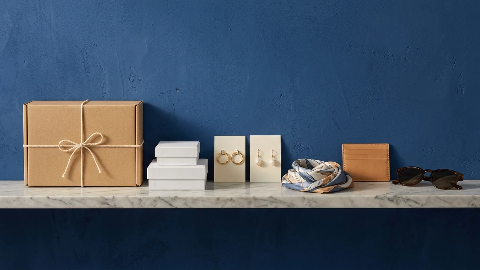 A kraft box tied with twine, two stacked white boxes, gold hoop and pearl drop earrings on cream cards, a rolled printed silk scarf, a tan leather card holder and tortoiseshell sunglasses on a white marble shelf against a deep blue wall