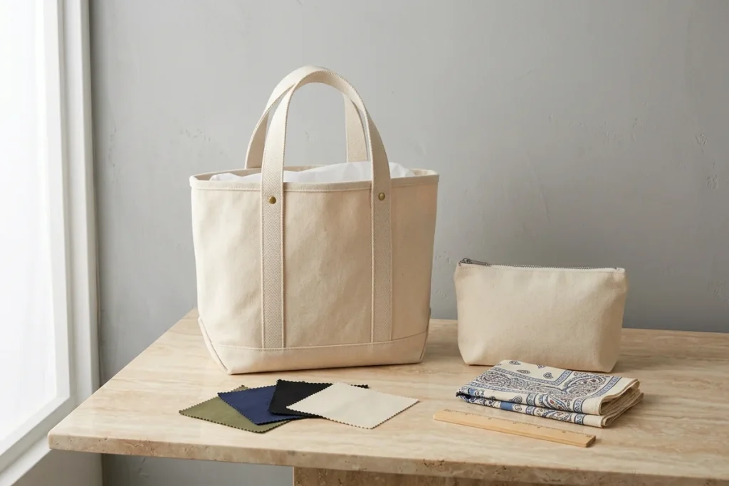 A natural canvas tote with a matching zip pouch, a folded paisley bandana, a wooden ruler and olive, navy, black and natural fabric swatches on a travertine table by a window