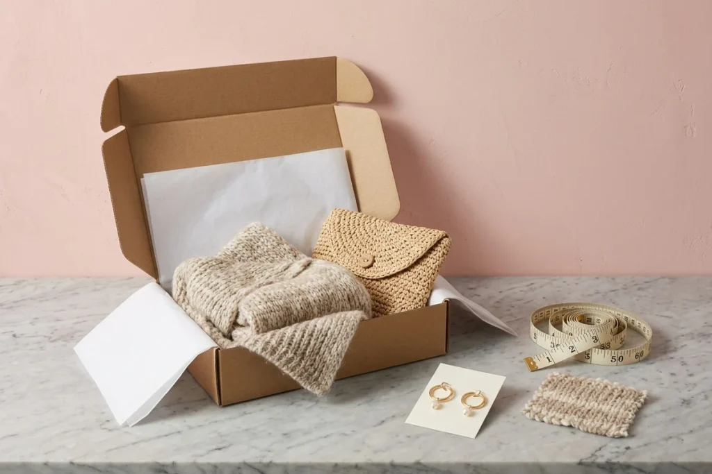 An open kraft mailer lined with white tissue holding a knit sweater and a crochet straw clutch, beside gold pearl drop hoops on a card, a cloth measuring tape and a knit swatch on a white marble counter against a pink wall
