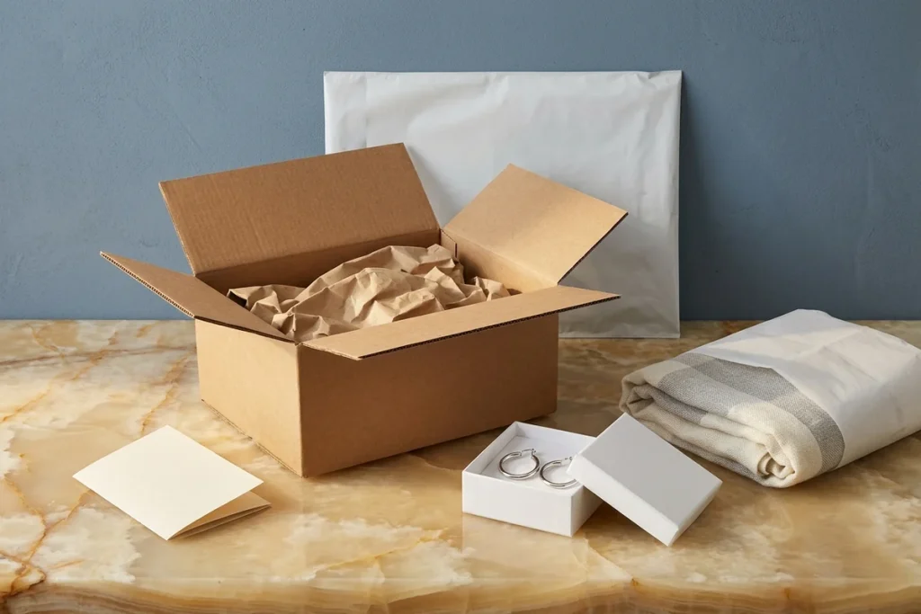 An open cardboard box with crumpled kraft paper, a white padded mailer, silver hoop earrings in an open white jewelry box, a folded plaid scarf in a paper wrap and a folded cream card on a honey onyx counter against a slate blue wall