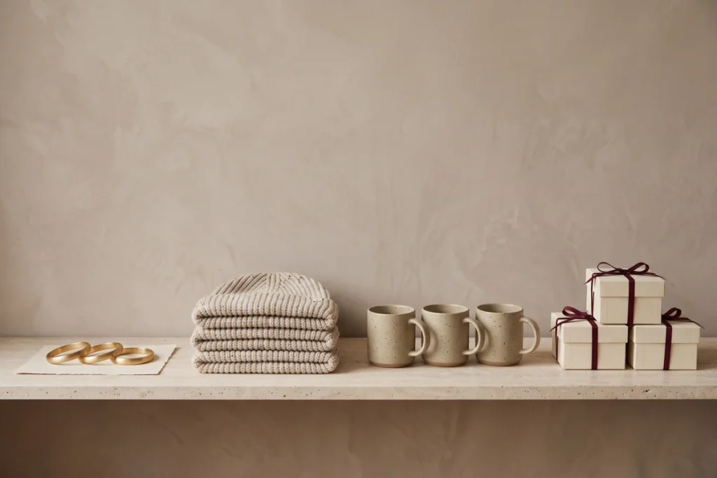 Matching sets of three gold bangles, knit beanies, speckled stoneware mugs and gift boxes with burgundy ribbon lined up on a travertine ledge against a taupe wall