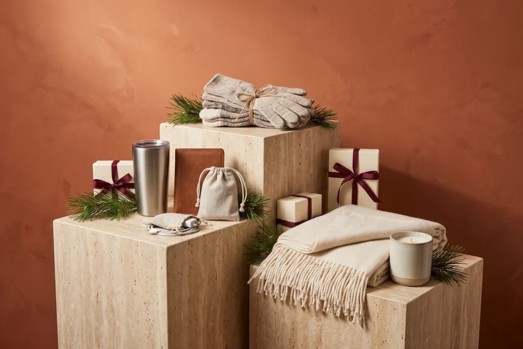 A holiday display on three travertine plinths with bundled wool socks and gloves, a steel travel mug, a leather passport wallet and a cream throw with a candle, against a terracotta wall