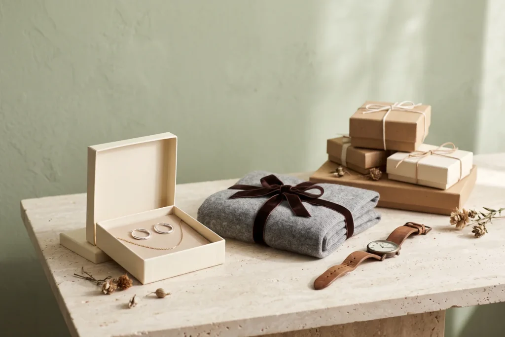 An open gift box with silver hoop earrings and a gold chain necklace, a merino scarf tied with velvet ribbon, a leather watch and small gift boxes on pale stone