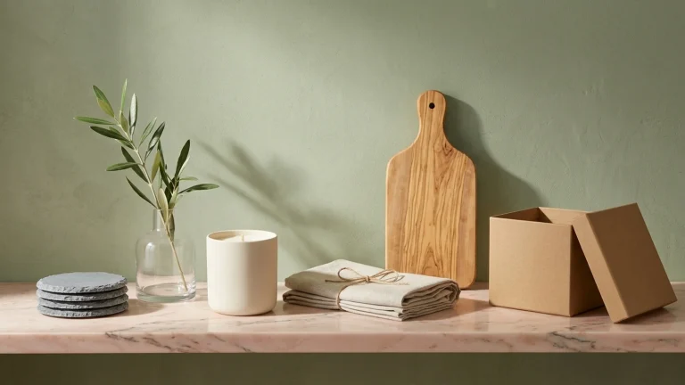 Housewarming gift pieces on a pink marble shelf against a sage green wall: grey slate coasters, an olive branch in a glass bottle vase, a cream ceramic candle, linen napkins tied with twine, an olive-wood cutting board and an open kraft gift box