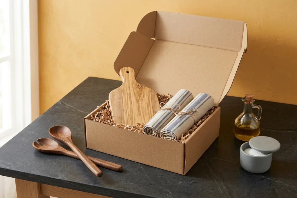 An open kraft mailer box on a black soapstone counter against a mustard wall, packed with an olive-wood cutting board and two blue-striped tea towels tied with twine, beside wooden salad servers, a glass oil cruet and a lidded salt cellar
