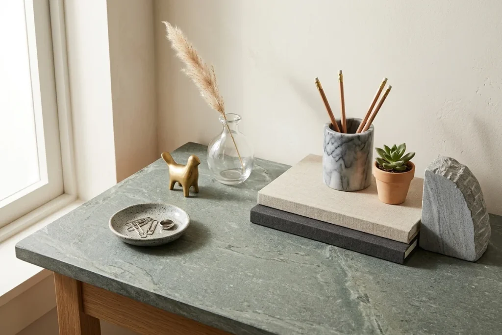 A green-grey stone desktop by a window with a speckled dish of paper clips and a ring, a brass dog figurine, a glass vase of pampas grass, linen notebooks, a marble pencil cup, a succulent in terracotta and a stone bookend