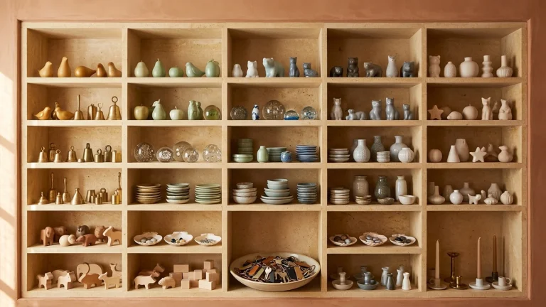 Limestone cubby shelves set into a terracotta wall holding ceramic birds and pears, animal figurines, brass bells, glass paperweights, stacked trinket dishes, small vases, shell dishes with stones, wooden animal toys and blocks, a bowl of keychains and candlesticks