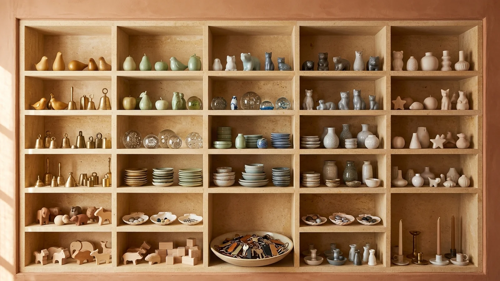 Limestone cubby shelves set into a terracotta wall holding ceramic birds and pears, animal figurines, brass bells, glass paperweights, stacked trinket dishes, small vases, shell dishes with stones, wooden animal toys and blocks, a bowl of keychains and candlesticks