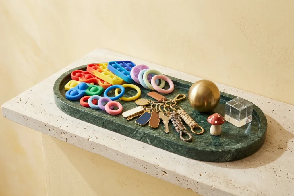 A green marble oval tray on a travertine ledge against a butter-yellow wall, holding silicone pop fidgets and rings, brass, leather, enamel and cord keychains, a brass sphere, a red-capped ceramic mushroom and a glass cube