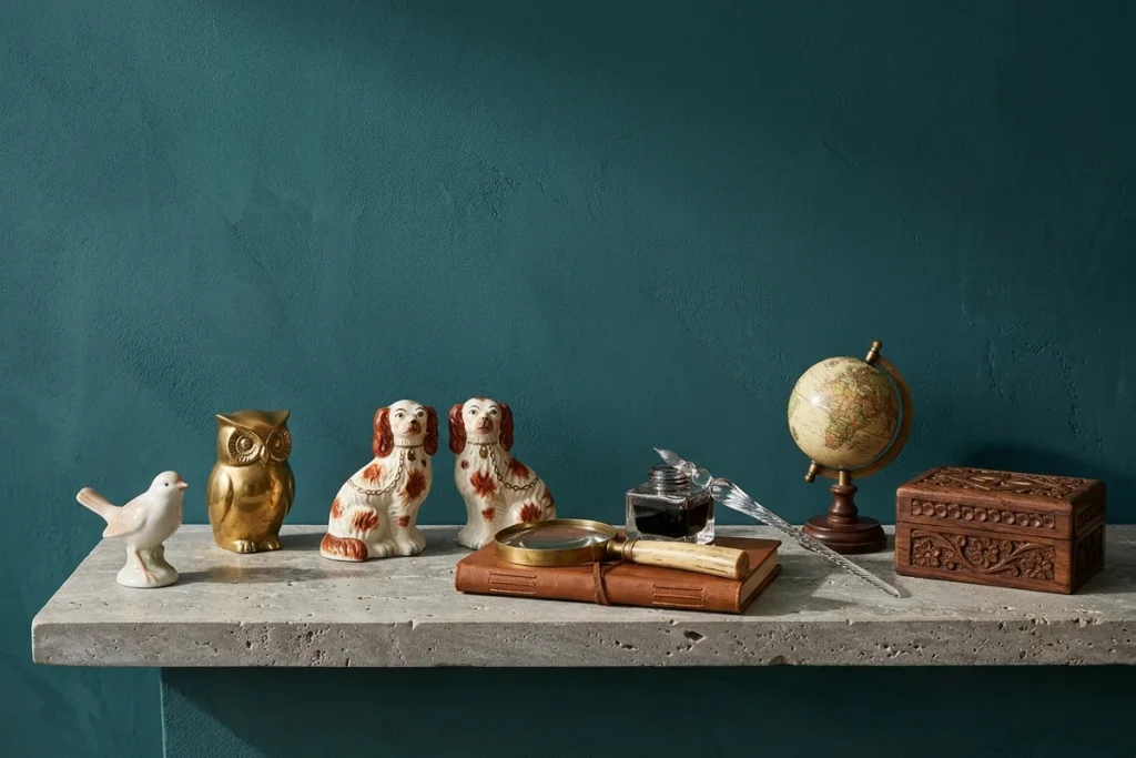 A travertine shelf against a teal wall with a porcelain bird, a brass owl, a pair of spaniel figurines, a brass magnifying glass on a leather journal, an inkwell with a glass pen, a small desk globe and a carved wooden box