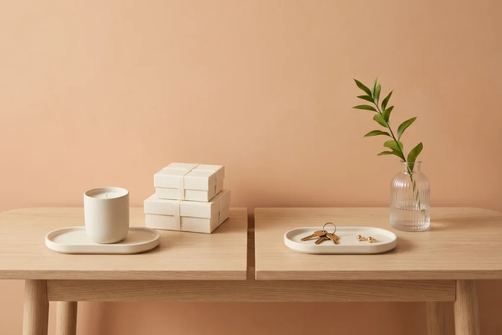 Two matching cream ceramic trays on an oak console, one holding a candle beside gift boxes and the other holding keys and gold stud earrings beside a glass vase
