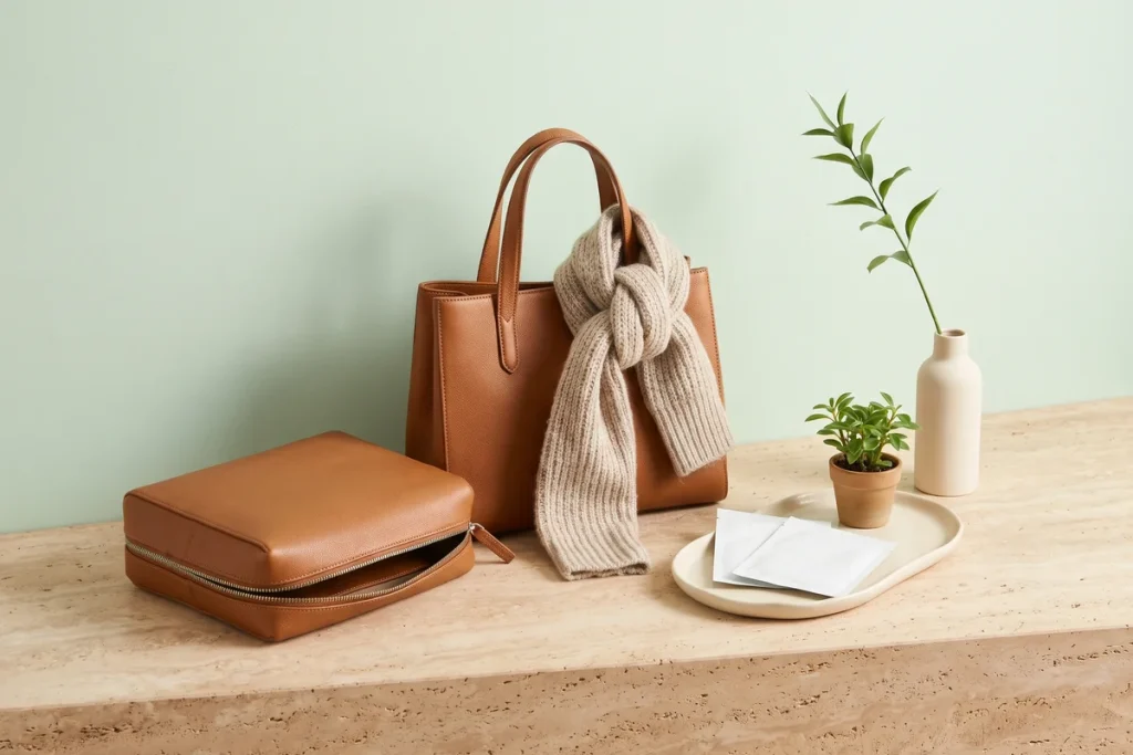 A tan leather tote with a knit scarf tied to its handle, a leather zip pouch and a ceramic tray holding a small plant and sheet masks against a pale mint wall